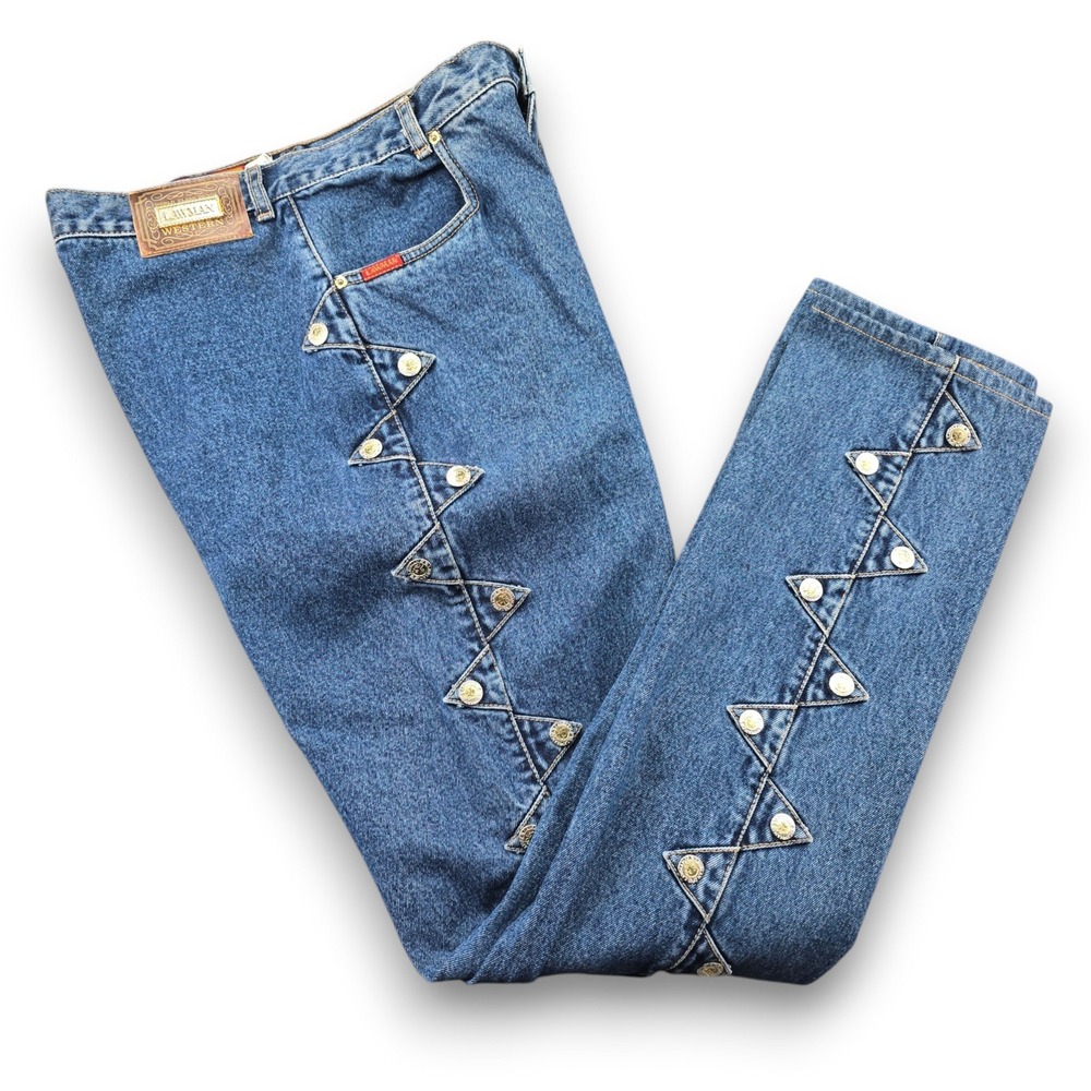 Lawman Western Women 13/14 Denim High Waist Zig Zag Button Side Jeans Med. Wash